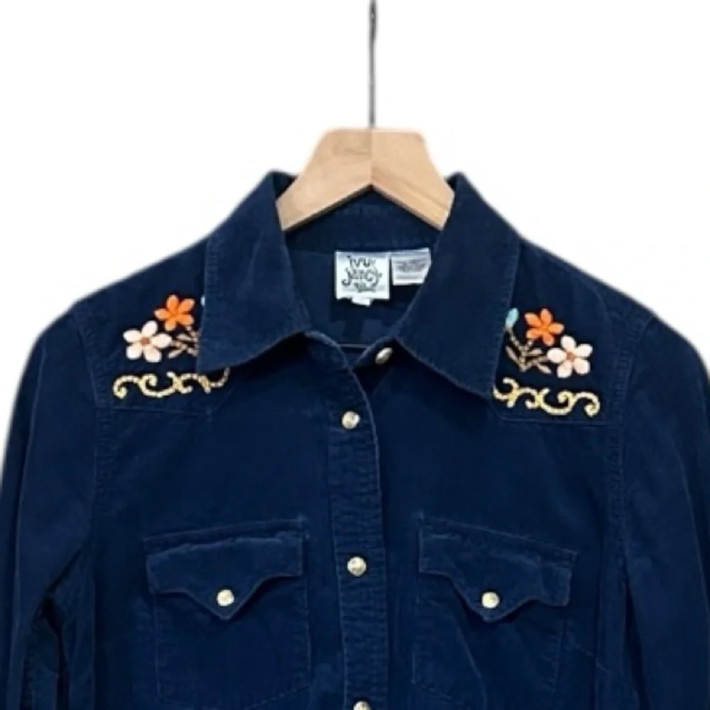 Ivy Jane Navy Blue Corduroy Embroidered Pearl Snap Dress Size Small - Picture 5 of 11